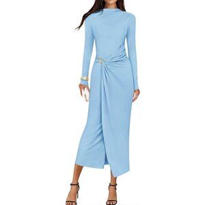Zesica Women's Light Blue Long Sleeve Mock Neck Long Midi Bodycon Cocktail Dress